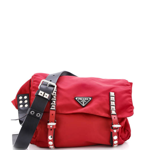 Prada Medium New Vela Flap Messenger Bag Tessuto with Studded Leather - Picture 1 of 6